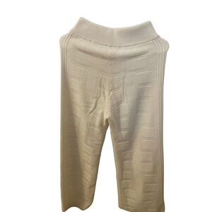 Hermes Textured Beige Knit Wide-Leg Pants With Ribbed Waistband Womens Soft Cott